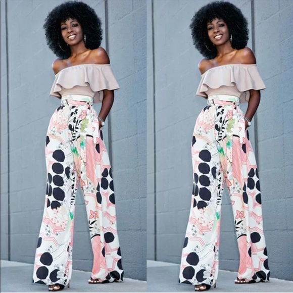 Pants - Floral, Abstract, High-Waist Palazzo Pants